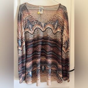 W Sz.L Vocal Embellished Beaded Tunic Long Sleeve Southwest Boho Hippie